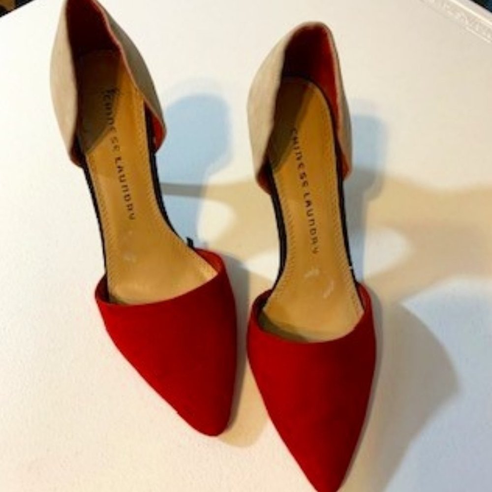 Chinese Laundry suede red beige two times heel women's Sz 8.5